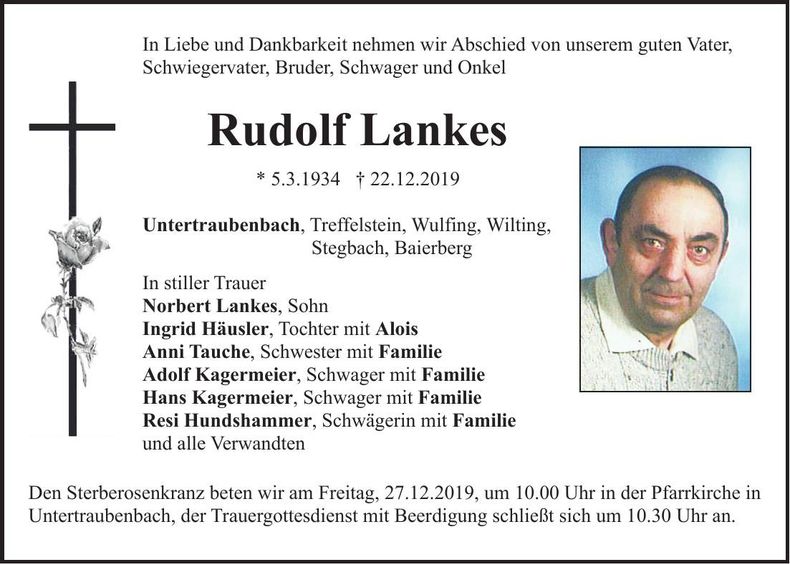 Traueranzeige Rudolf Lankes