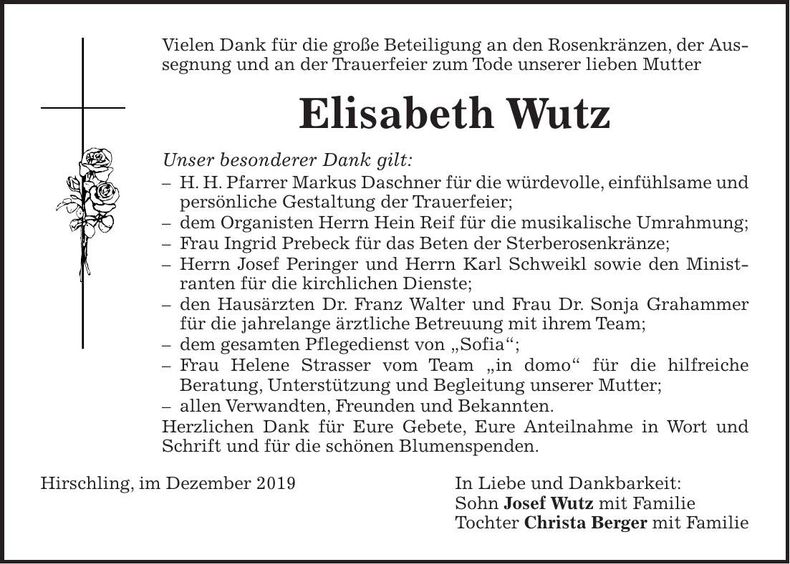 Traueranzeige Elisabeth Wutz