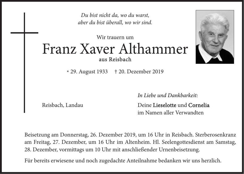 Traueranzeige Franz Xaver Althammer