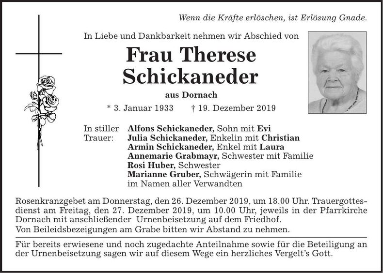 Traueranzeige Therese Schickaneder