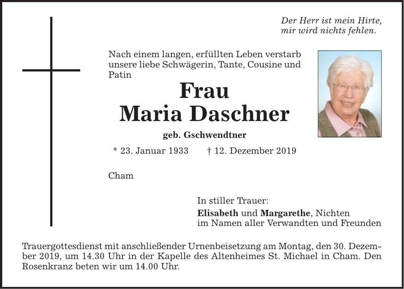 Traueranzeige Maria Daschner