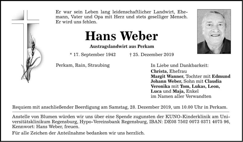 Traueranzeige Hans Weber