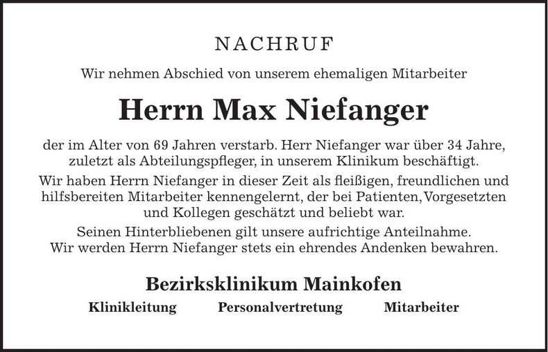 Traueranzeige Max Niefanger