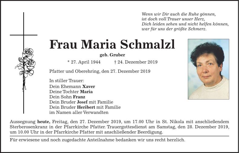 Traueranzeige Maria Schmalzl