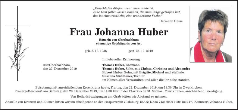 Traueranzeige Johanna Huber