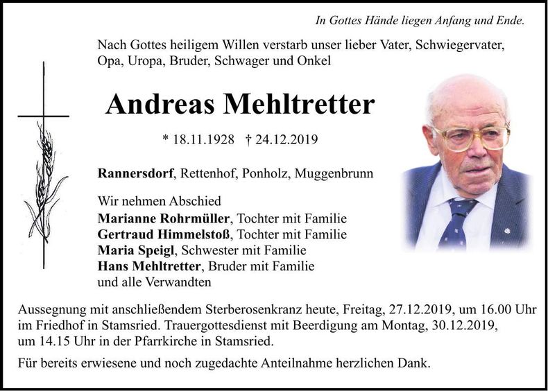 Traueranzeige Andreas Mehltretter