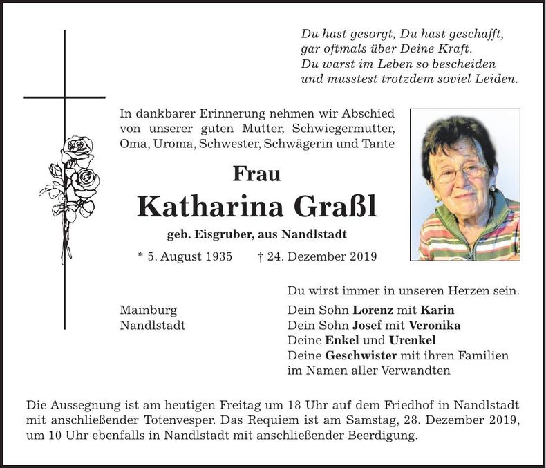 Traueranzeige Katharina Graßl