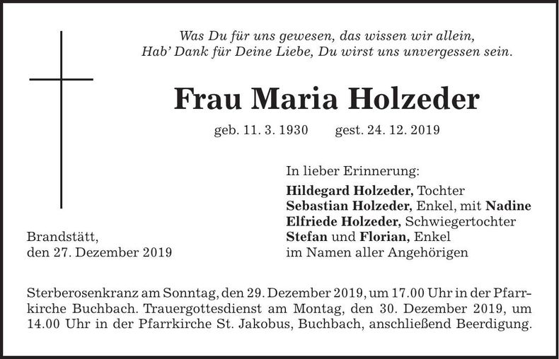 Traueranzeige Maria Holzeder