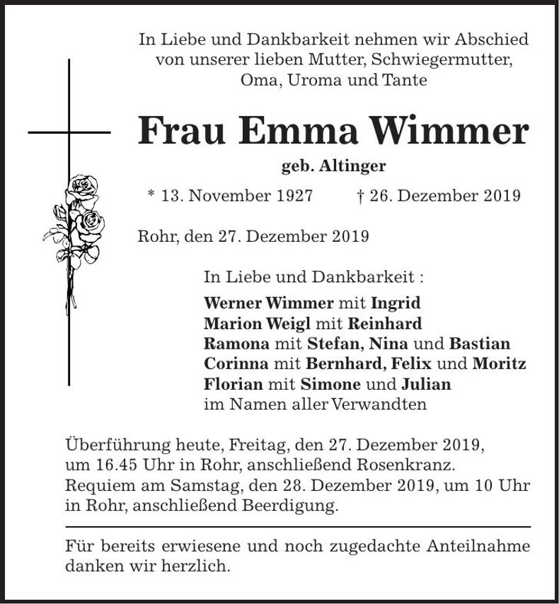 Traueranzeige Emma Wimmer