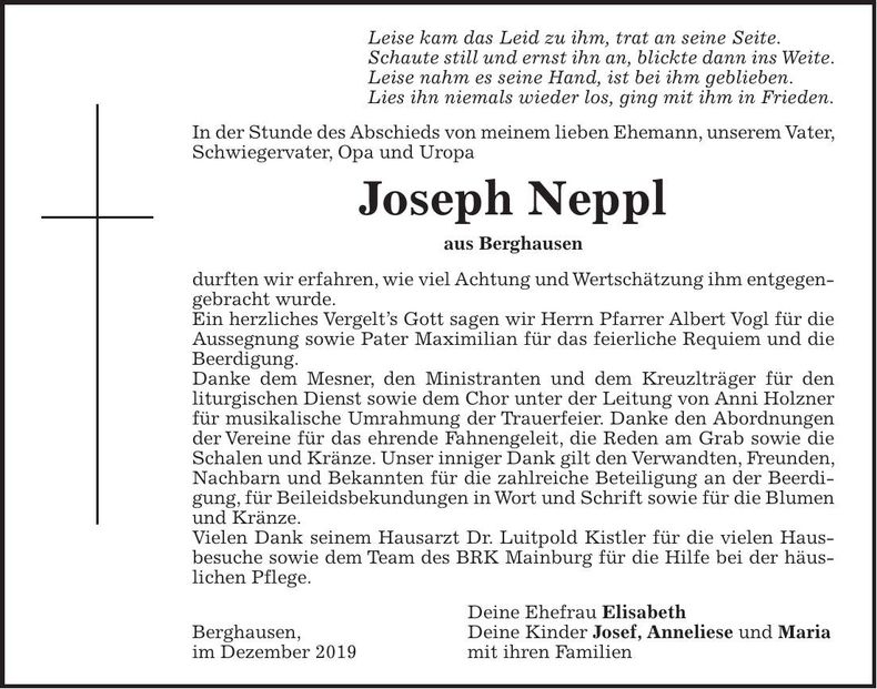 Traueranzeige Joseph Neppl