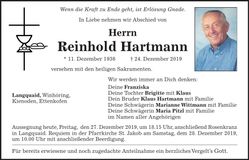 Traueranzeige Reinhold Hartmann