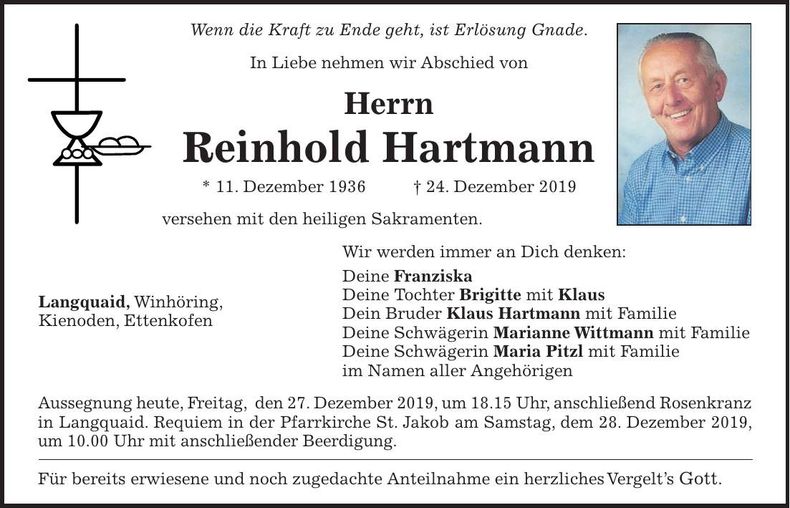 Traueranzeige Reinhold Hartmann
