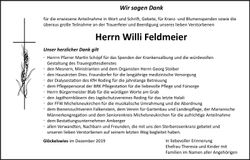 Traueranzeige Willi Feldmeier