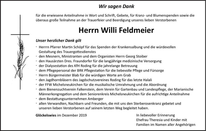 Traueranzeige Willi Feldmeier