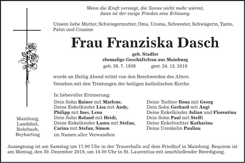 Traueranzeige Franziska Dasch