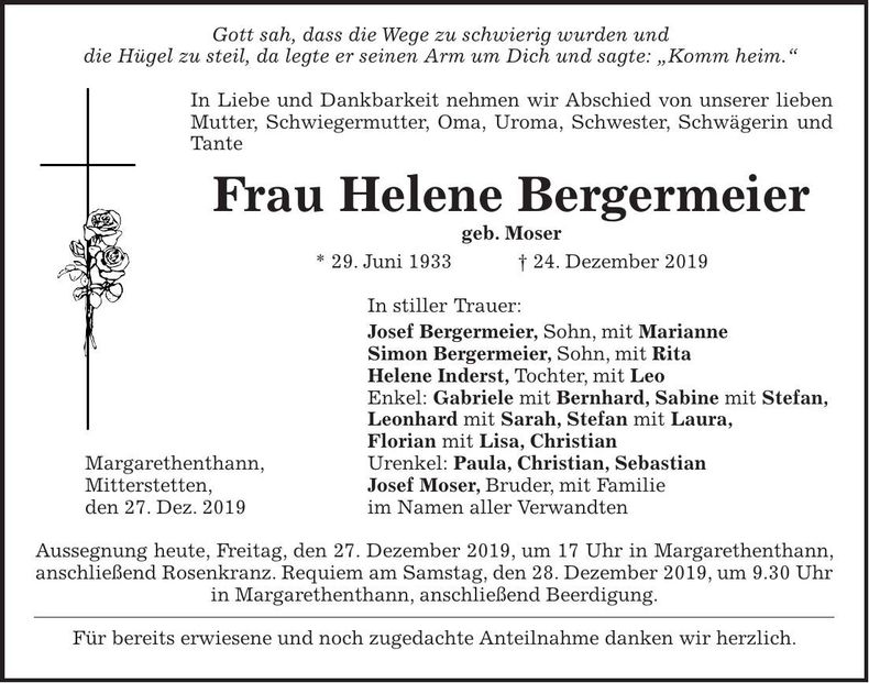 Traueranzeige Helene Bergermeier