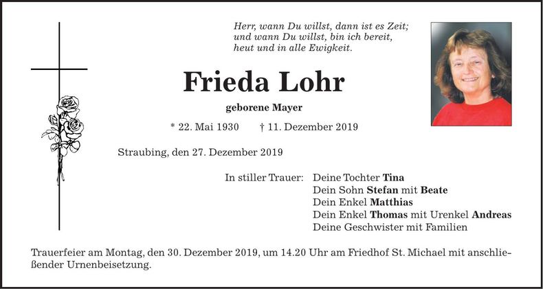 Traueranzeige Frieda Lohr