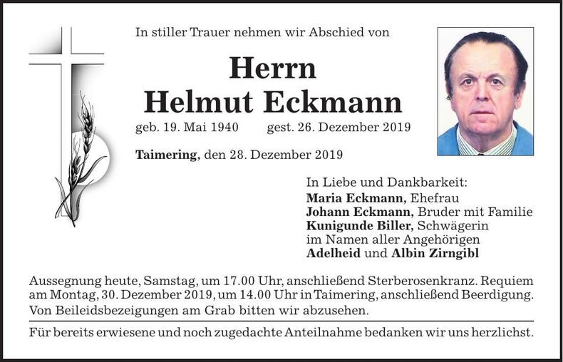 Traueranzeige Helmut Eckmann