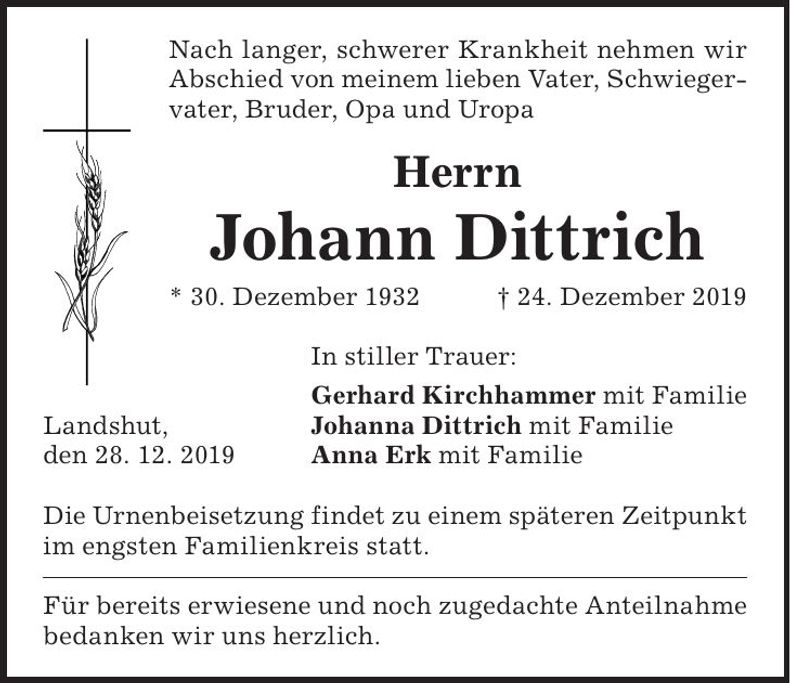 Traueranzeige Johann Dittrich