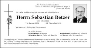 Traueranzeige Sebastian Retzer