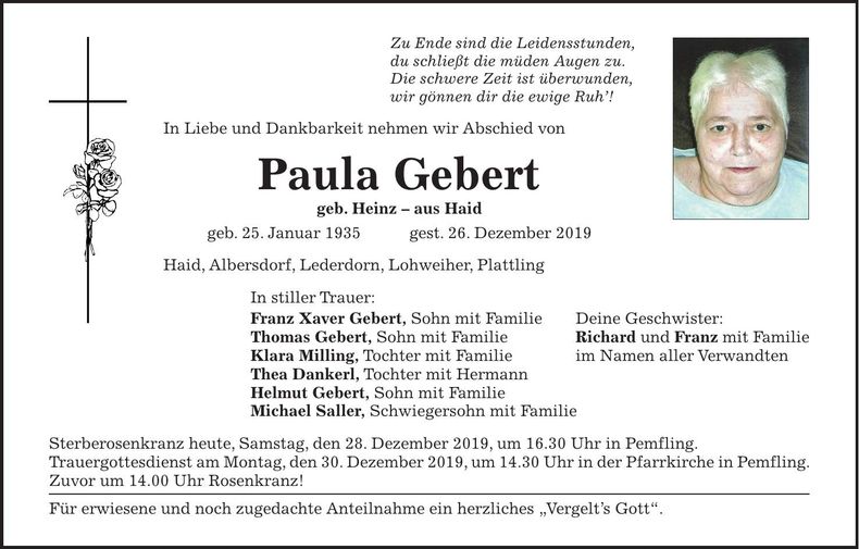Traueranzeige Paula Gebert