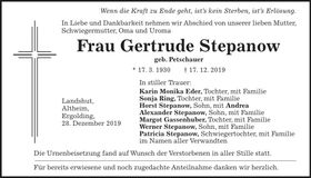 Traueranzeige Gertrude Stepanow