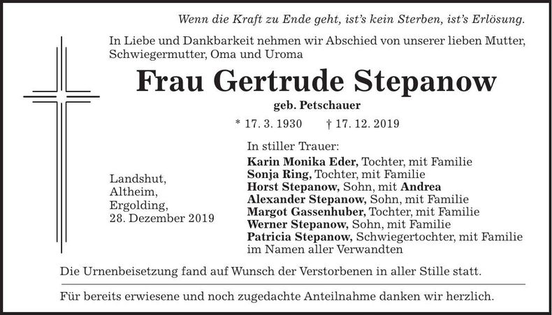 Traueranzeige Gertrude Stepanow