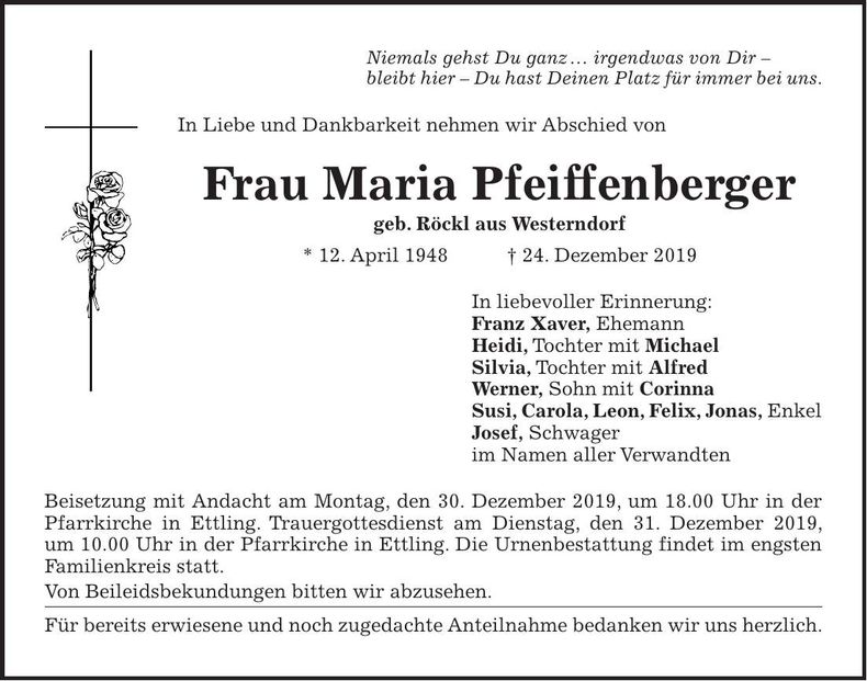 Traueranzeige Maria Pfeiffenberger
