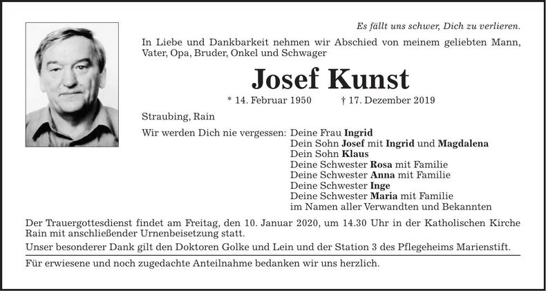 Traueranzeige Josef Kunst
