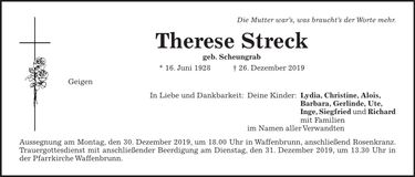 Traueranzeige Therese Streck