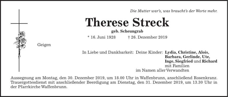 Traueranzeige Therese Streck