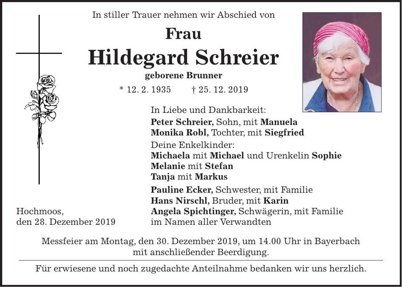Traueranzeige Hildegard Schreier