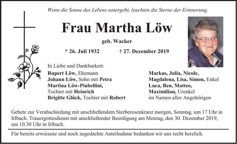 Traueranzeige Martha Löw