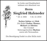 Traueranzeige Siegfried Hafeneder