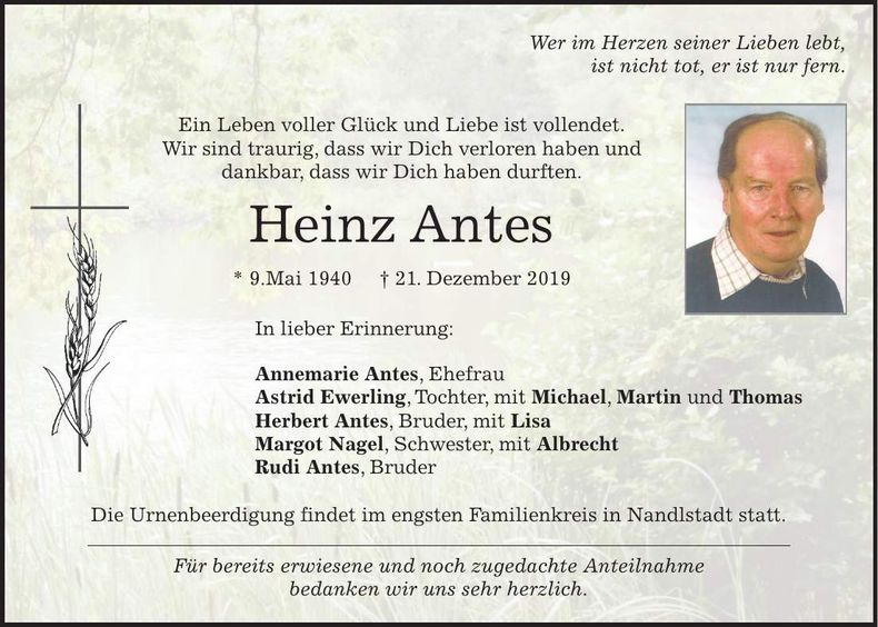Traueranzeige Heinz Antes