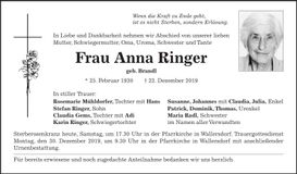 Traueranzeige Anna Ringer