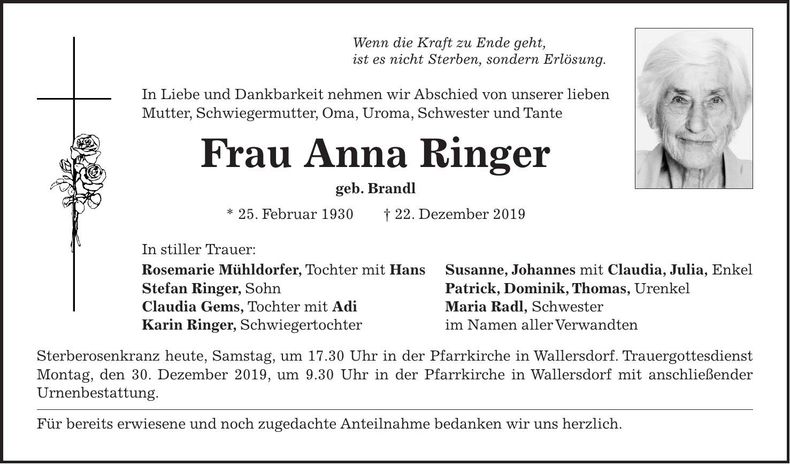 Traueranzeige Anna Ringer