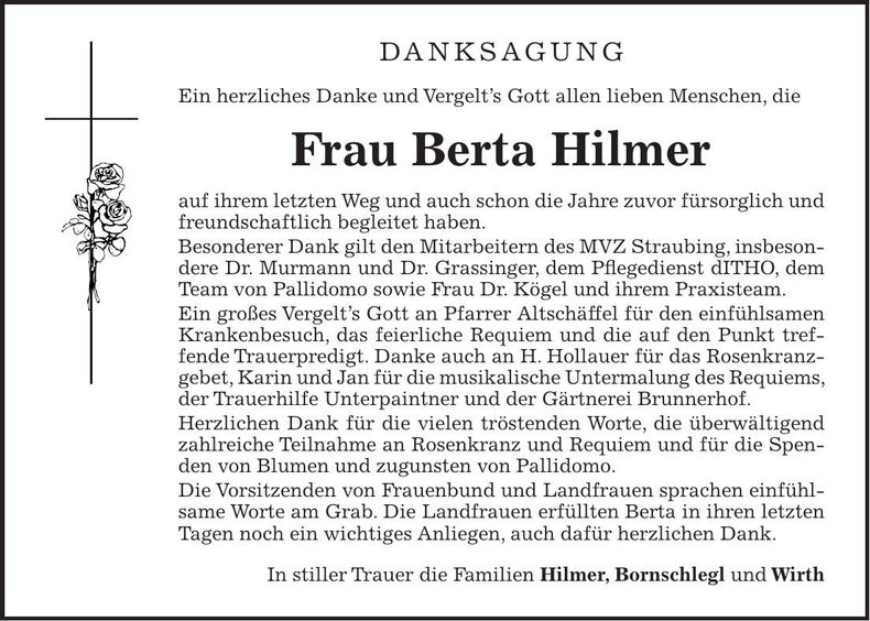 Traueranzeige Berta Hilmer