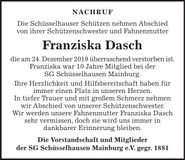 Traueranzeige Franziska Dasch