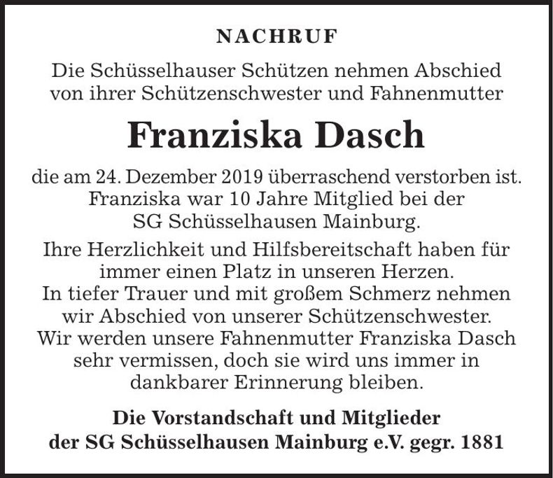 Traueranzeige Franziska Dasch