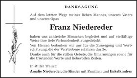 Traueranzeige Franz Niedereder
