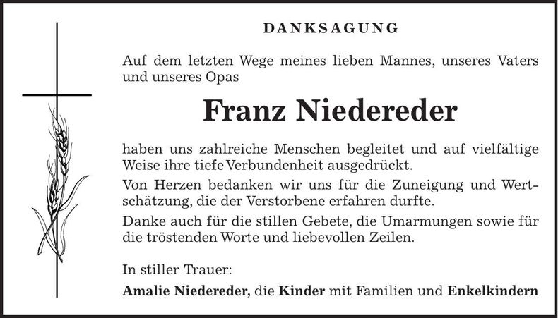 Traueranzeige Franz Niedereder