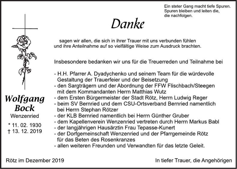 Traueranzeige Wolfgang Bock