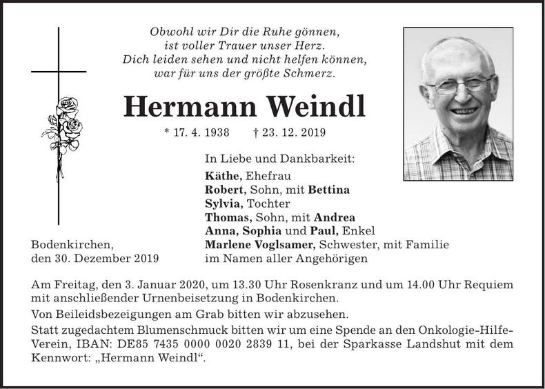 Traueranzeige Hermann Weindl