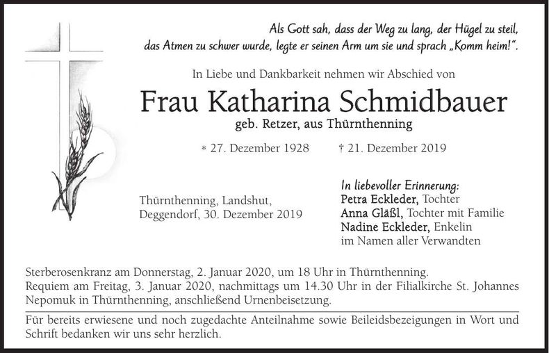 Traueranzeige Katharina Schmidbauer
