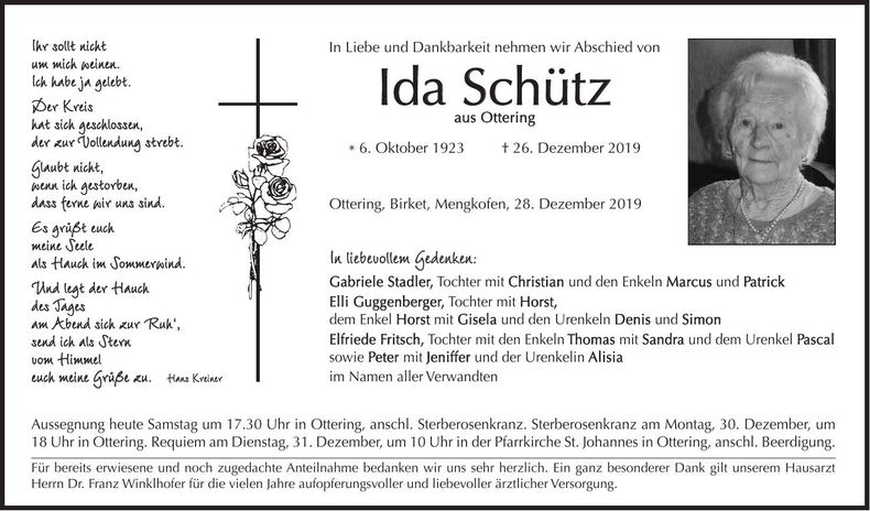 Traueranzeige Ida Schütz