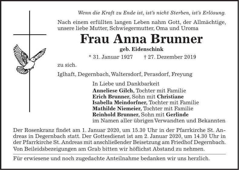 Traueranzeige Anna Brunner