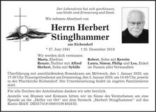 Traueranzeige Herbert Stinglhammer