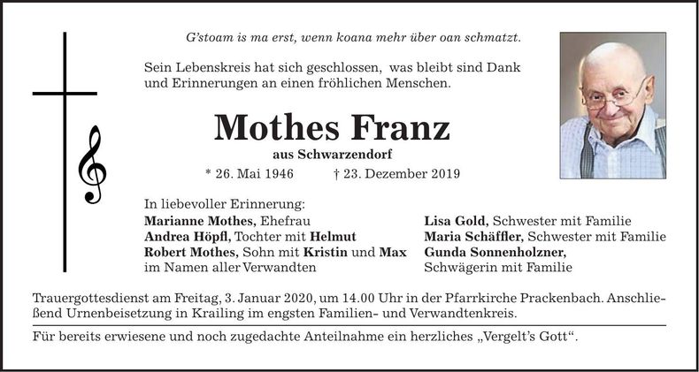 Traueranzeige Mothes Franz