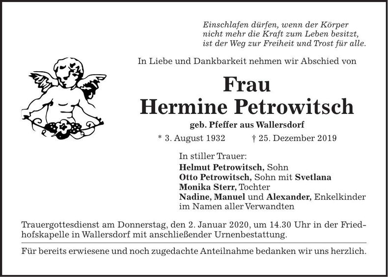 Traueranzeige Hermine Petrowitsch